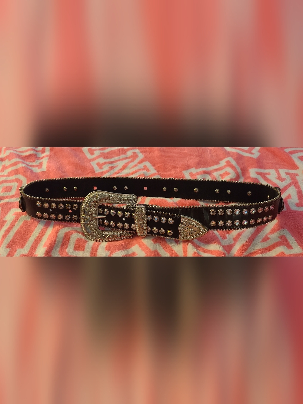 Black Rhinestone Size Small Black Leather Studded Belt - With Crowns - Detail